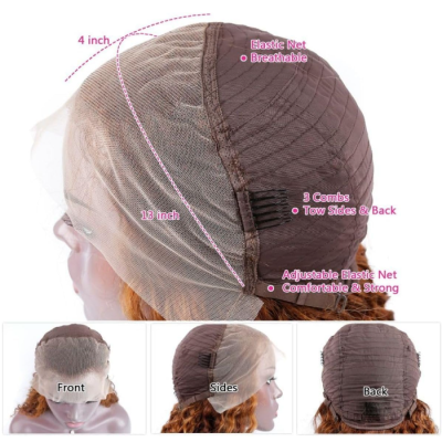 Rede para peruca castanha com pentes e rede ajustável mostrada na frente, lados e trás.