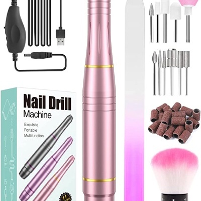 Kit de manicure com máquina de unhas rosa metálica, acessórios variados, arquivo de vidro e cabo USB