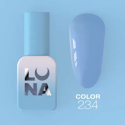 Frasco e amostra de verniz de unhas azul claro com texto LUNA e COLOR 234