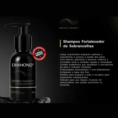 Frasco preto de shampoo para sobrancelhas Diamond Brows Therapy com selo de lançamento e descrição do produto.