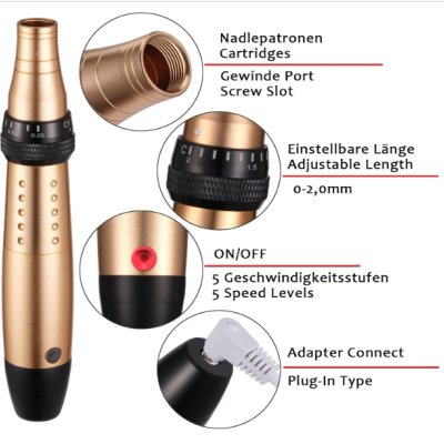 Dispositivo dourado com detalhes em preto e texto técnico multilíngue