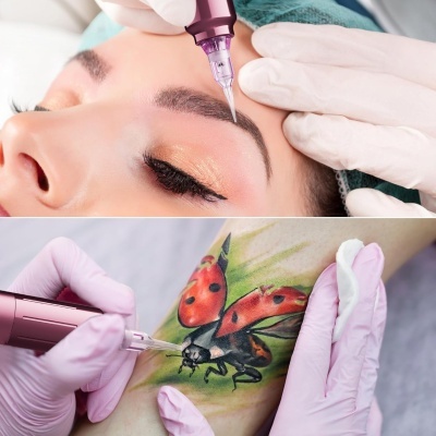 Procedimento de micropigmentação na sobrancelha e aplicação de tatuagem de joaninha vermelha com manchas pretas em braço.