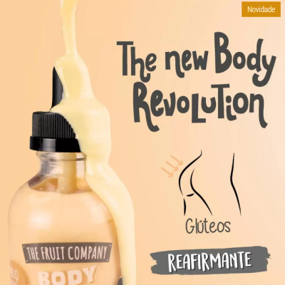 Frasco creme corporal da THE FRUIT COMPANY com creme amarelo, texto promocional em fundo bege