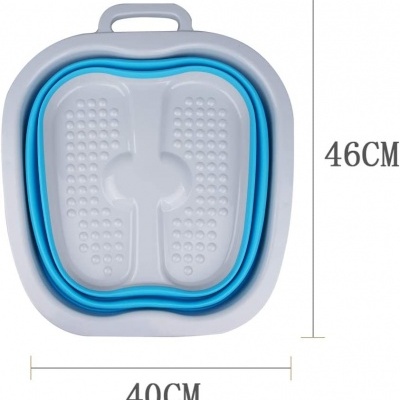 Bacia dobrável para pés branca e azul com relevo antiderrapante e alça.