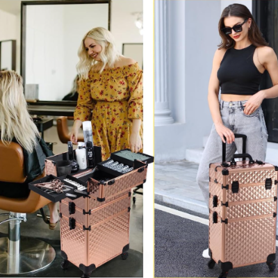 Mala de maquilhagem cobre metálico com textura quadriculada com compartimentos abertos com produtos de beleza e mulher a segurar mala fechada