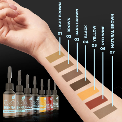 Amostras de cores de henna em antebraço com frascos correspondentes