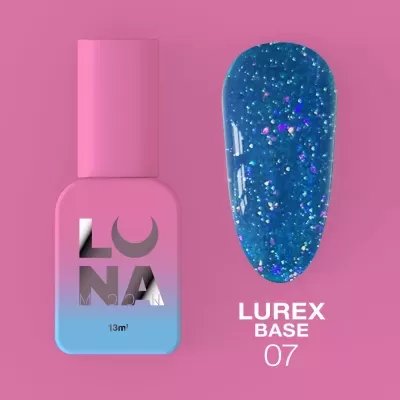 Frasco de verniz LUNA rosa e azul com amostra de cor azul brilhante LUREX BASE 07