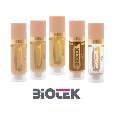Cinco tubos de creme BIOTEK em diferentes tons de pele