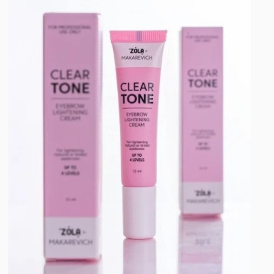 Creme clareador para sobrancelhas em embalagem rosa com texto preto e branco