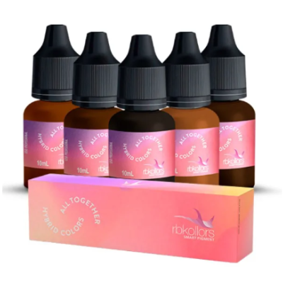 Cinco frascos marrons com pigmentos e tampa preta com embalagem rosa degrade