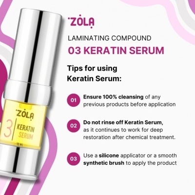 Frasco de sérum capilar Zola Keratin Serum com instruções do produto