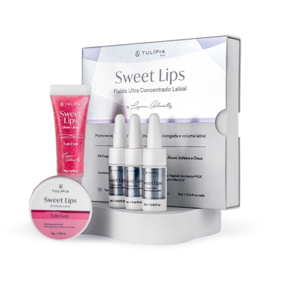 Conjunto Sweet Lips Tulípia com fluído labial rosa, creme em pote pequeno, duas ampolas e caixa branca com texto