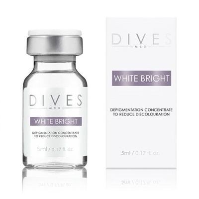 Frasco transparente com tampo prateado e caixa branca do produto despigmentante WHITE BRIGHT da marca DIVES MED