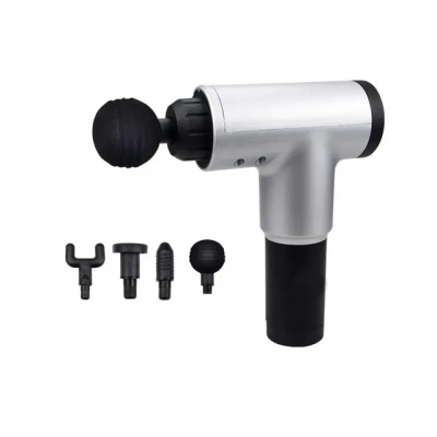 aparelho de massagem em forma de pistola prateado com bocais preto