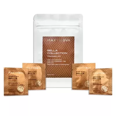 Kit de descoberta Maxymova Bella Collection com quatro saquetas pequenas douradas e caixa branca