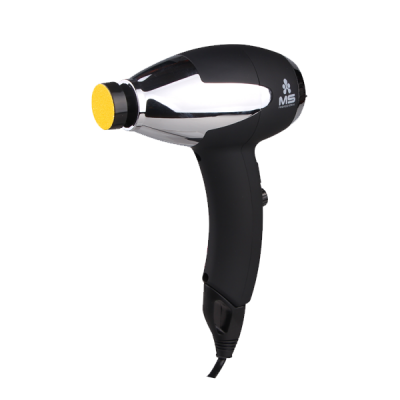 Secador de cabelo preto e cromado com cúpula amarela