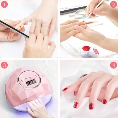 Processo de manicure com verniz gel vermelho e lâmpada UV rosa