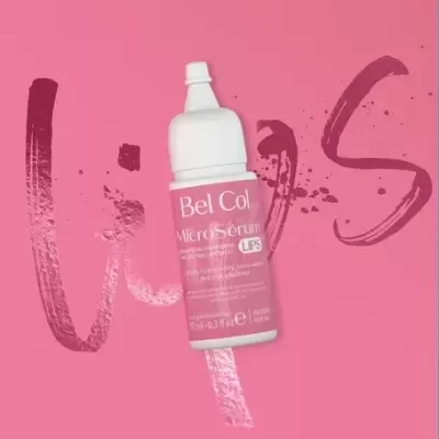 Frasco de micro serum para lábios Bel Col rosa e branco