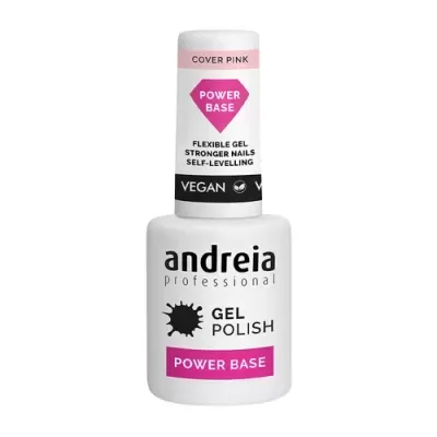 Frasco branco de verniz gel Andreia Professional com texto cor-de-rosa e preto