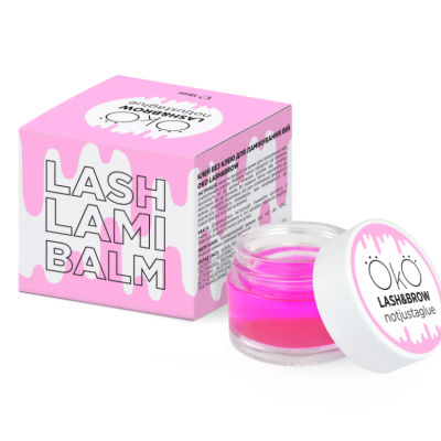 Bálsamo Lash Lami Balm em frasco de vidro com tampa branca e caixa rosa com padrão branco