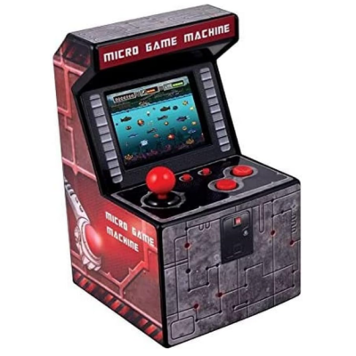 Mini consola arcada Micro Game Machine com joystick e botões vermelhos.