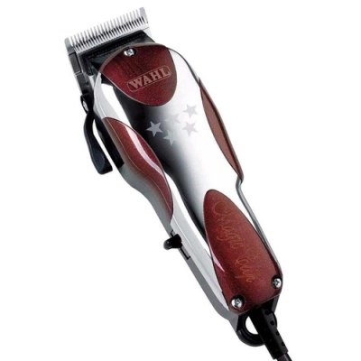 Máquina de cortar cabelo Wahl metálica com detalhes castanhos e texto