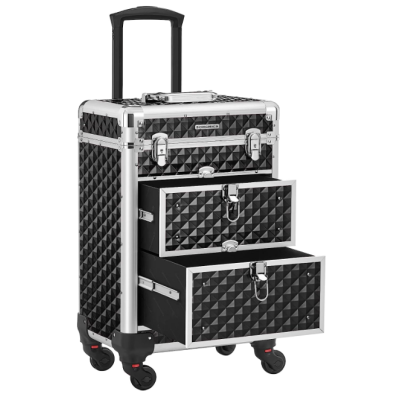 Mala de maquilhagem preta com padrão geométrico e rodas em fundo branco