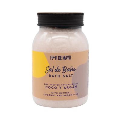 Frasco de sal de banho com rótulo amarelo-bege e tampa preta