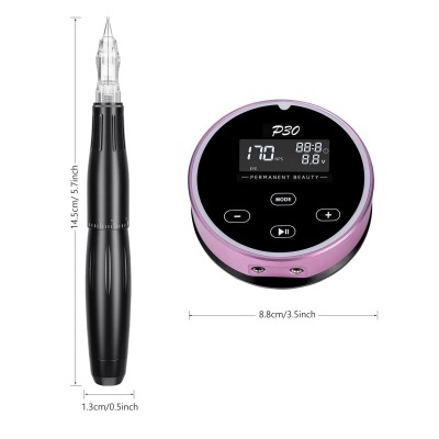 Máquina de tatuagem permanente com caneta preta e controlador rosa com visor digital