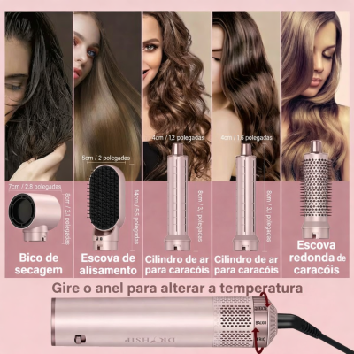 Acessórios para secador de cabelo rosa claro com medidas e instruções em português