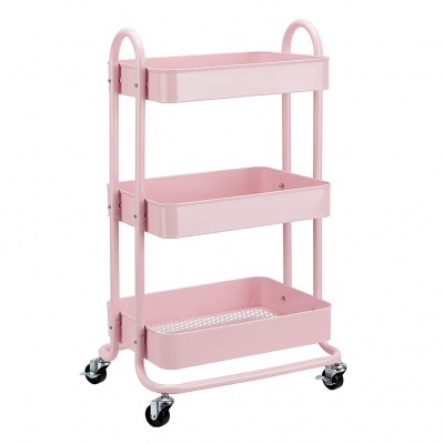 Carrinho móvel de metal rosa com três tabuleiros e rodas
