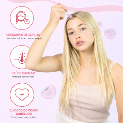 Mulher aplicando líquido no cabelo com conta-gotas, texto sobre cuidados capilares em português