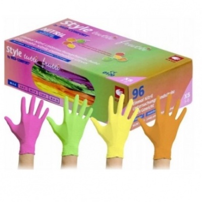 Caixa colorida de luvas látex Style tutti frutti com quatro luvas coloridas exibidas em mãos