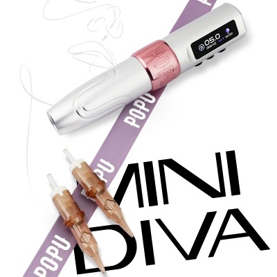 Máquina de tatuagem branca e rosa com visor digital e agulhas em faixa roxa