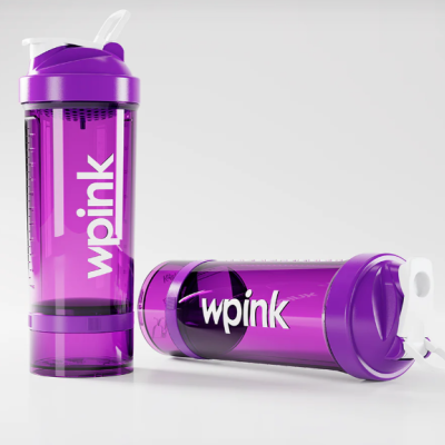 Dois copos shaker roxos transparentes com texto wpink
