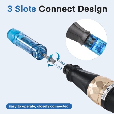 Dispositivo em duas partes com encaixe de 3 ranhuras, parte azul transparente, parte preta com anel dourado