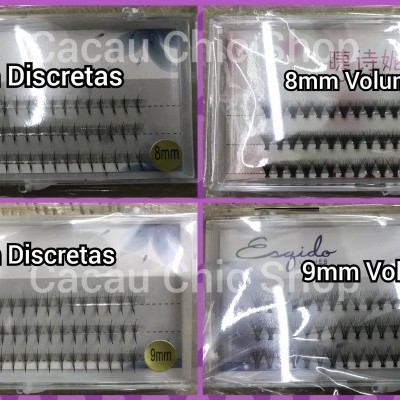 Pacotes de pestanas falsas com descrições de tamanhos e volumes em português