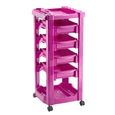 Carrinho organizador rosa em plástico com gavetas e rodas