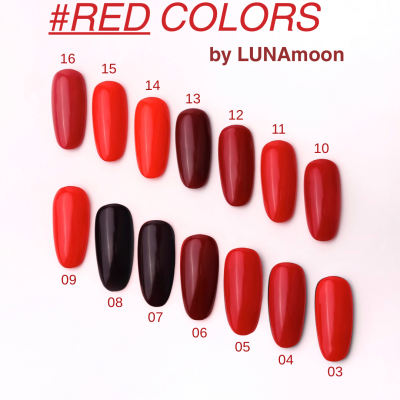 Seleção de cores de verniz de unhas em tons de vermelho e preto, com números, sobre fundo branco.