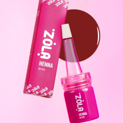 Henna ZOLA 09 RED em embalagem e frasco rosa com fundo rosa
