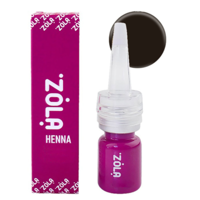 Frasco pequeno e caixa roxa com texto branco ZÖLA HENNA e tampa transparente