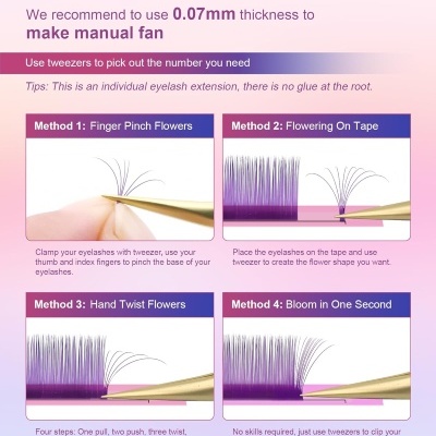 Instruções passo a passo para fazer leques de pestanas com pinças e pestanas sintéticas cor roxa