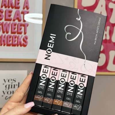 Conjunto de 5 gel dye para sobrancelhas NOËM em caixa preta e rosa