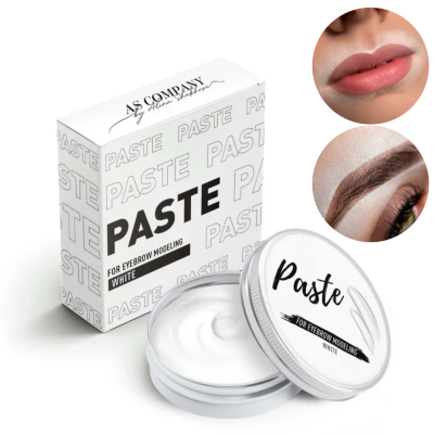 Creme branco para modelar sobrancelhas com embalagem branca e texto em preto