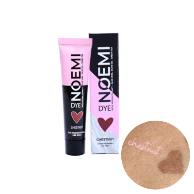 Tubo e caixa de coloração capilar Noemi Dye cor Chestnut com amostra da cor