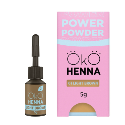 Frasco pequeno e caixa rosa de henna Öko Henna 01 Light Brown de 5 gramas