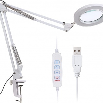 Lâmpada de mesa branca com lente de aumento, braço articulado e comando USB