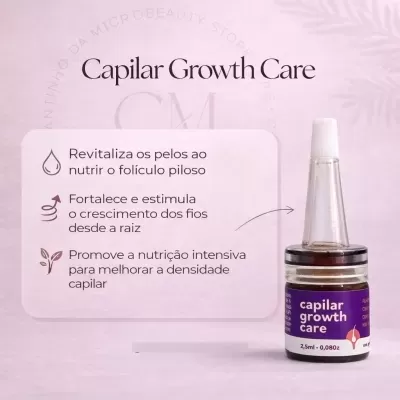 Frasco pequeno de vidro com rótulo roxo de produto capilar sobre fundo rosa com texto explicativo