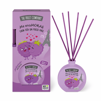Difusor de aromas roxo com embalagem e design de amoras felizes e Torre Eiffel