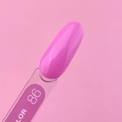 Amostra de verniz rosa fluorescente com texto COLOR 86 em fundo roxo